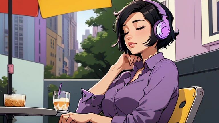 Beautiful woman in her 30s with short black hair is sitting with headphones on the cafe terrace. Looking down, eyes closed, LOFI girl, alone in the room, purple blouse, relaxing mood, cozy, only five fingers, new york, colorful, Well-proportioned face, Beautiful human female fingers