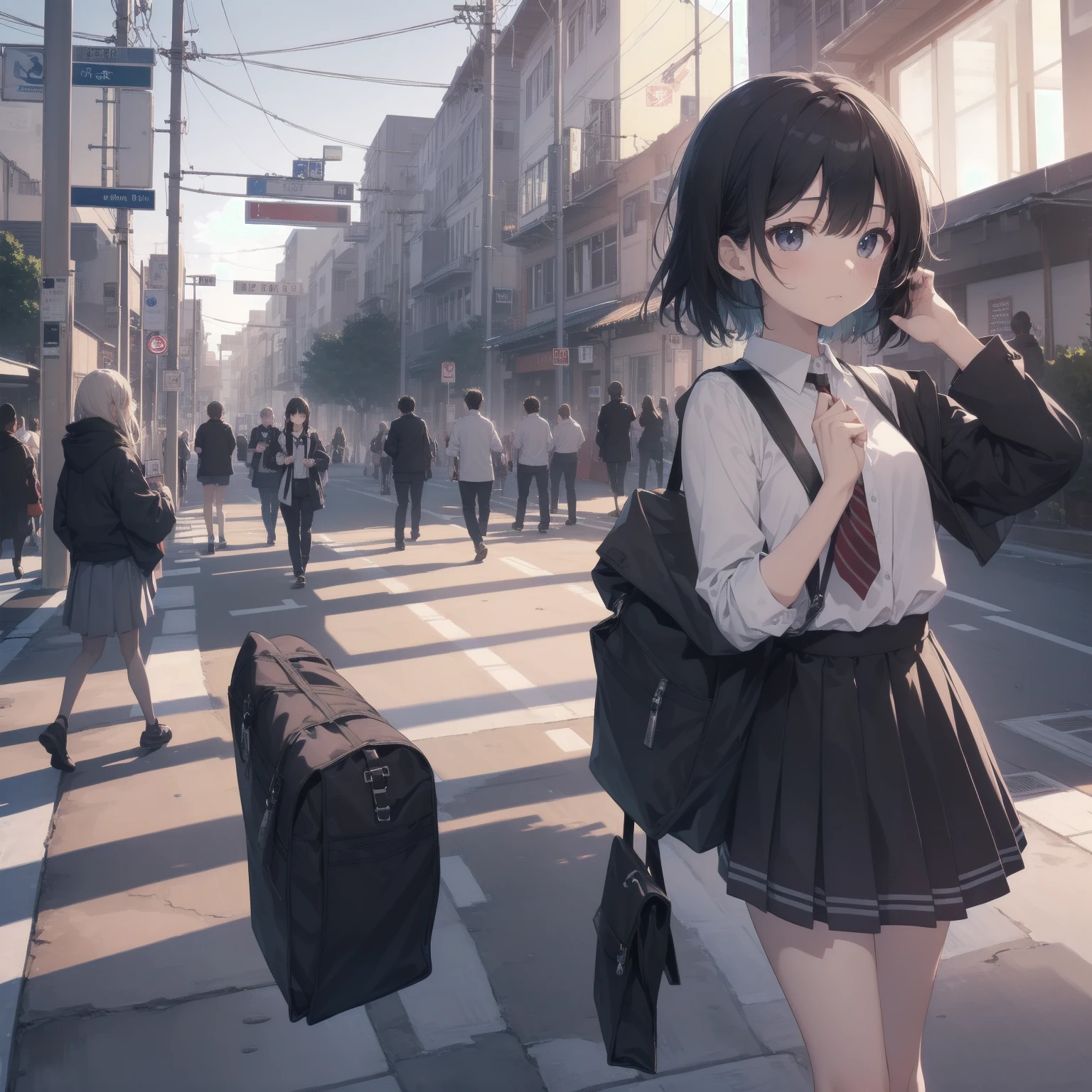 ultra-absurdres-Top quality by artist God, ultra-detailed, high resolution, anime moe artstyle, best anime 8k konachan wallpaper, pixiv contest winner, pool:2810, perfect anatomy,break, 1girl, (Please draw a girl walking sleepily to school alone. )break,(Solo,little female, 13-year-old:1.3),Full limbs, complete fingers,a junior high school student, (very short hair), short cut, flat chest, , small butt, small black eyes, beautiful detailed eyes, well-proportioned iris and pupils, expressive eyes, highres detailed hair, soft expression, salor school_uniform, sailor collar, serahuku, bow, pleated skirt,(Detailed Lighting), (Detailed background), in the School commute route. break,super detailed skin, Best cinematic lighting powered by famous artist, 8k,beauty illustration,photoshop_(medium),very aesthetic,break,((artist:wa_(genryusui) )), artist:clamp ,artist:carnelian ,artist:kantoku ,