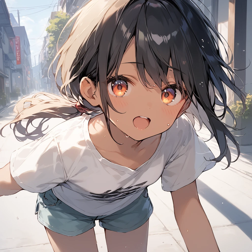 score_9, score_8_up, score_7_up, source_anime, best quality, masterpiece, official art, absurdres, highres, ultra-detailed,waifu2x,Collection: Slice of Life,break,1girl, tomboy, dark-skinned female, short hair, low ponytail, small breasts,  beautiful detailed eyes, short shorts, sweat, open mouth, (yawn:0.3), sleepily, outdoors, wind, break,(clear line illustration:1.2),very high resolution, very aesthetic, super detailed skin, Best sexual lighting powered by famous artist, 8k,cute picture,beauty illustration,photoshop_(medium),,(Detailed Lighting),best anime 8k konachan wallpaper, pixiv contest winner, 