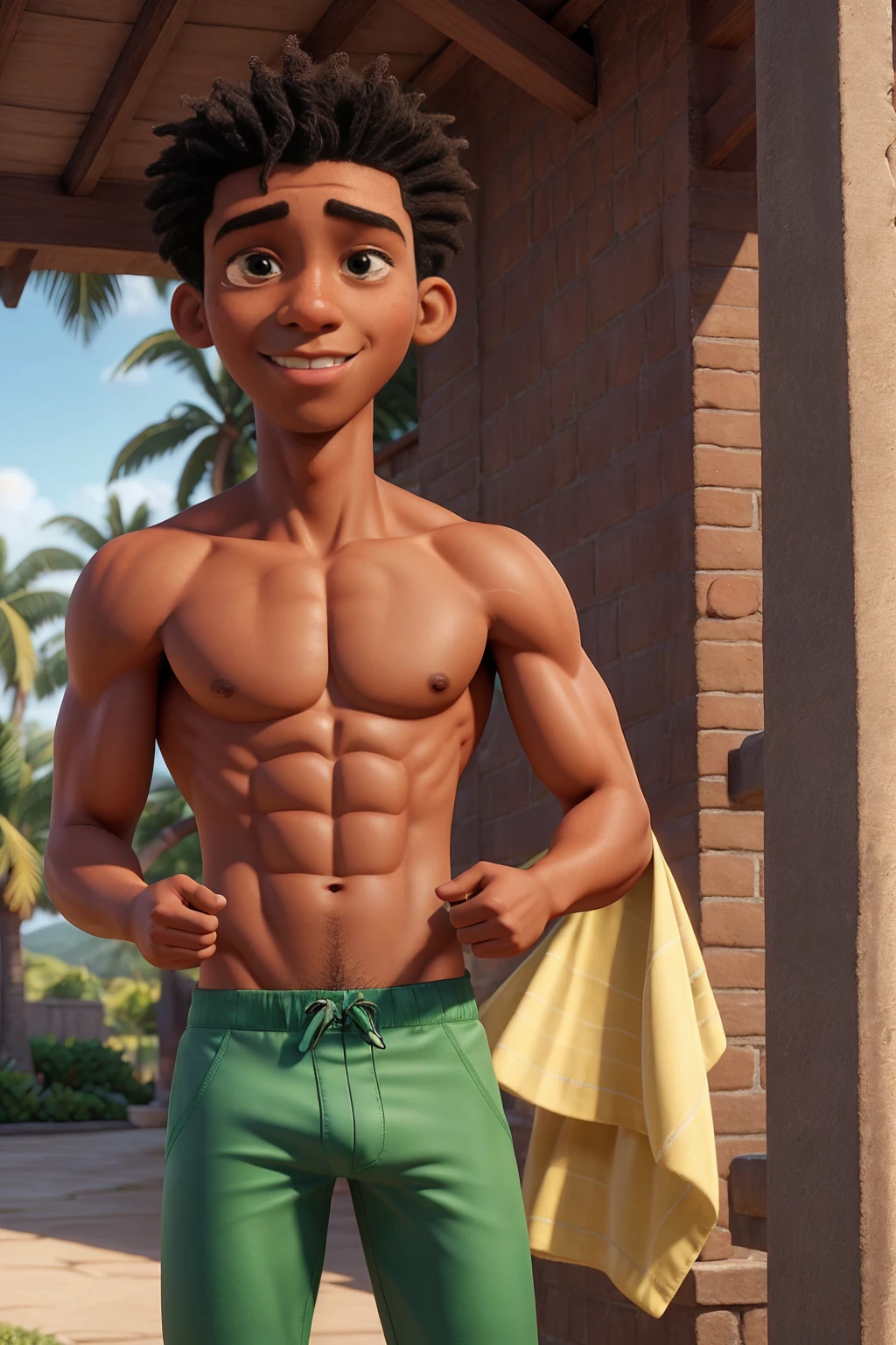 Jamaican Man,perfect body,Sport and Skinny boy body, 18 years old,Handsome face,Smiling face, good mood.,Jamaican nationalityJamaican ethnicity,Jamaican skin color,ฺฺBlack hair color,realistic hair color,Buzz Cut Hair style,(Best quality, 8k, Masterpiece).,highest detail, superior quality, natural lighting, beautiful, sexy, correct , good composition,realistic shapes, realistic skin tones,Natural eyes,realistic eyes,looking up at viewer,Realistic convex crotch,Prominent crotch,huge crotch,tight crotch,vpl,realistic muscles,Realistic wrinkles on the skin,Realistic arms and legs,Realistic face,realistic hair,Make a sexy and  face, man focus,amazing composition, front view, HDR, volumetric lighting, ultra quality, elegant,He was wearing tight Yellow and Dark Green Calvin Klein  and curved legs.,Post a ,Realistic pose,He is standing in the Caribbean-style backyard of a Jamaican home.,The background is the Caribbean-style backyard of a Jamaican home.,realistic background.,detailed hair,full body,Fujifilm XT3 photorealistic art by midjourney