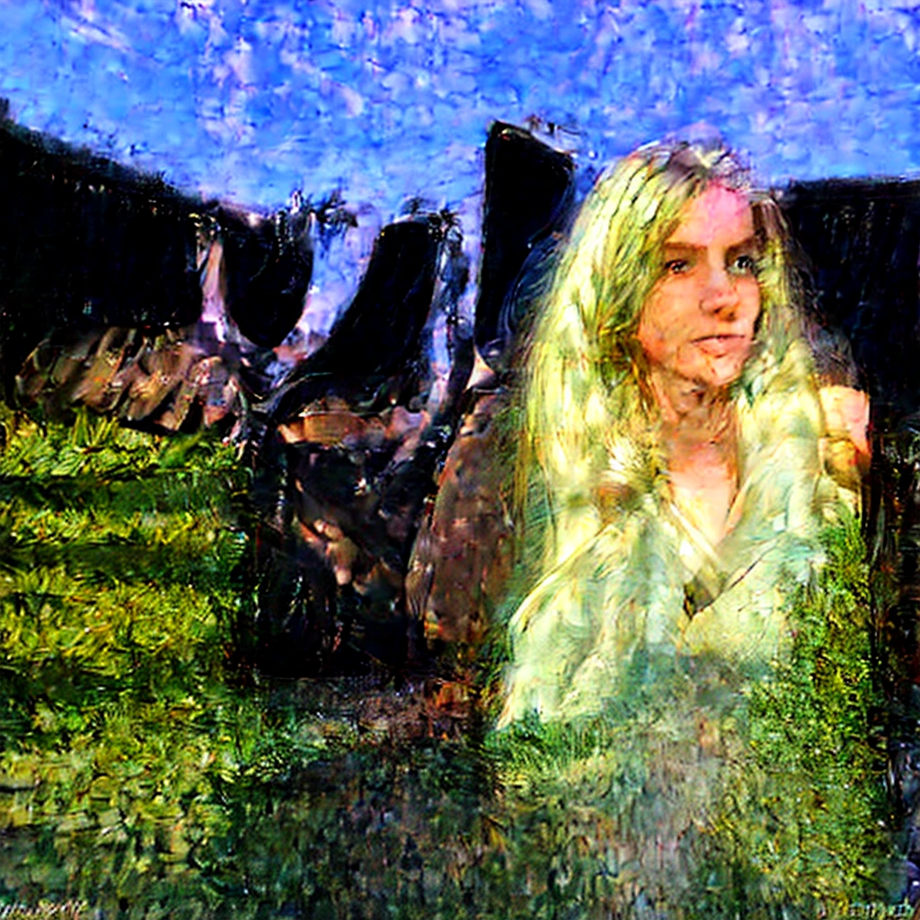 instagram photo, front shot, closeup portrait photo of 24 years old woman, wearing dress, beautiful face, smile, blonde, cinematic shot, dark shot, In a desolate, moonlit landscape, a lone figure emerges, their silhouette contorted and grotesque against the eerie glow, Closer inspection reveals a fusion of organic and mechanical elementsÃ¢ÂÂsinister tendrils of pulsating flesh intertwining with cold, metallic structures, The figure's skin appears as if it's unraveling, revealing glimpses of something otherworldly beneath, The air is thick with an otherworldly hum, and a sickly, iridescent light emanates from the aberrant fusion, This image prompt invites exploration into the realm of body horror, prompting creative minds to unravel the unsettling narrative within this grotesque tableau