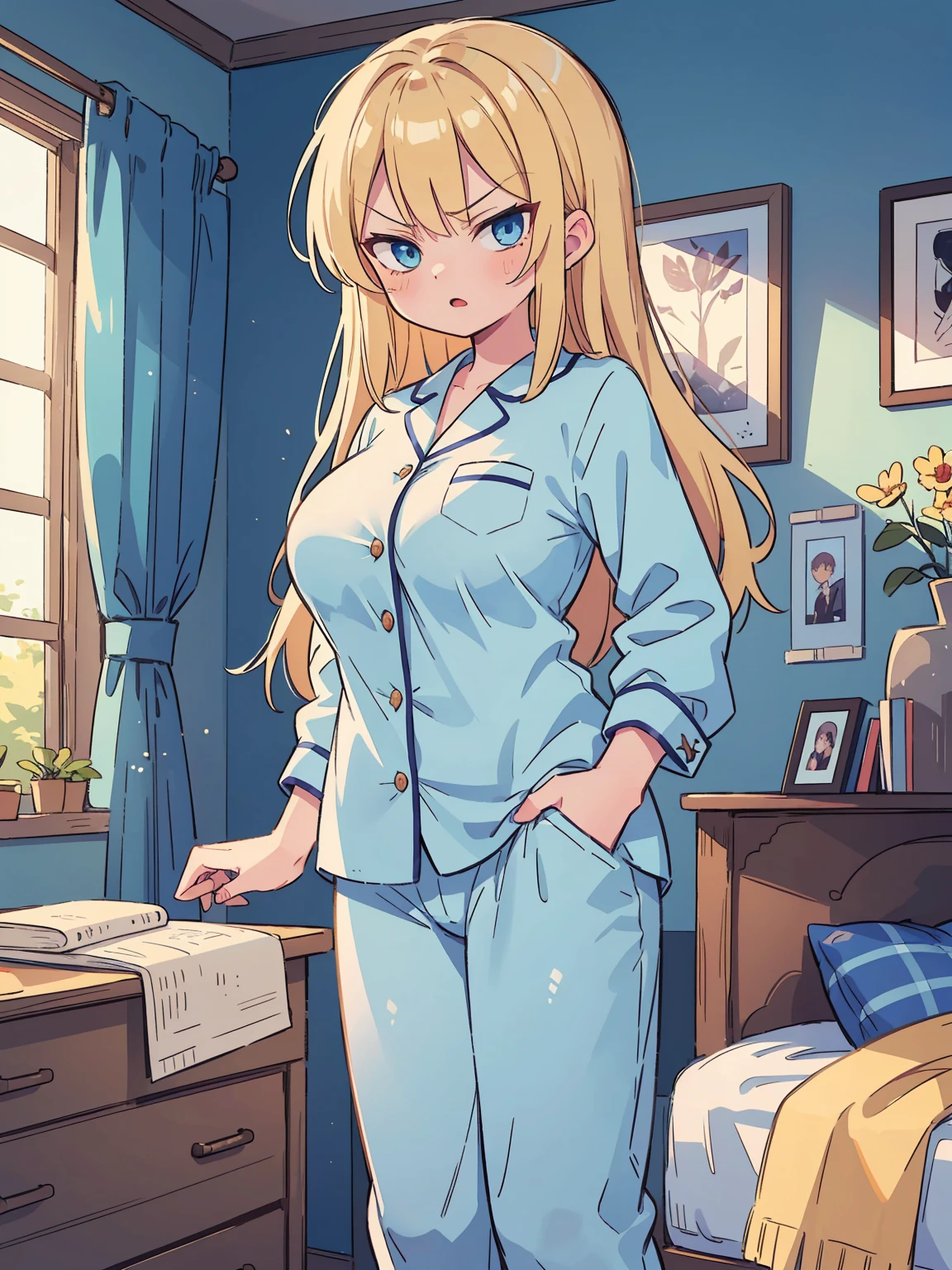 ((Masterpiece, best quality, high quality, very detailed CG uniform 8k wallpaper, very detailed, very detailed background)), detailed eyes, shiny hair, shiny skin, bright skin, (SFW), (1girl, 18 years old, blonde hair, blue eyes, big breast, sexy body, wearing pajamas), (expression of anger, hatred, cynical, cold gaze), (indoor, bedroom, sunlight through the window.)