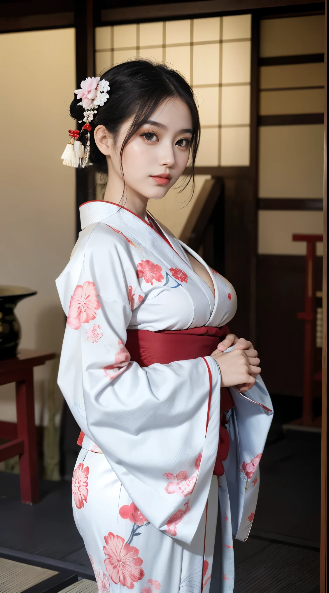 8K, RAW photos, Best quality, Masterpiece: 1.2),(best qualtiy,8K, Yes,32K,masterpiece,hyper HD:1.2) , 20 years old, big cleavage breasts, huge , sexy, arafed asian woman in a kimono dress posing for a picture, in kimono, wearing kimono, classy yukata clothing, japanese kimono, kimono, japanese model, elegant japanese woman, in a kimono, japanese goddess, japanese clothes, wearing a kimono, yukata clothing, traditional japanese, wearing royal kimono, classic kimono, long beautiful flowing kimono, japanese woman