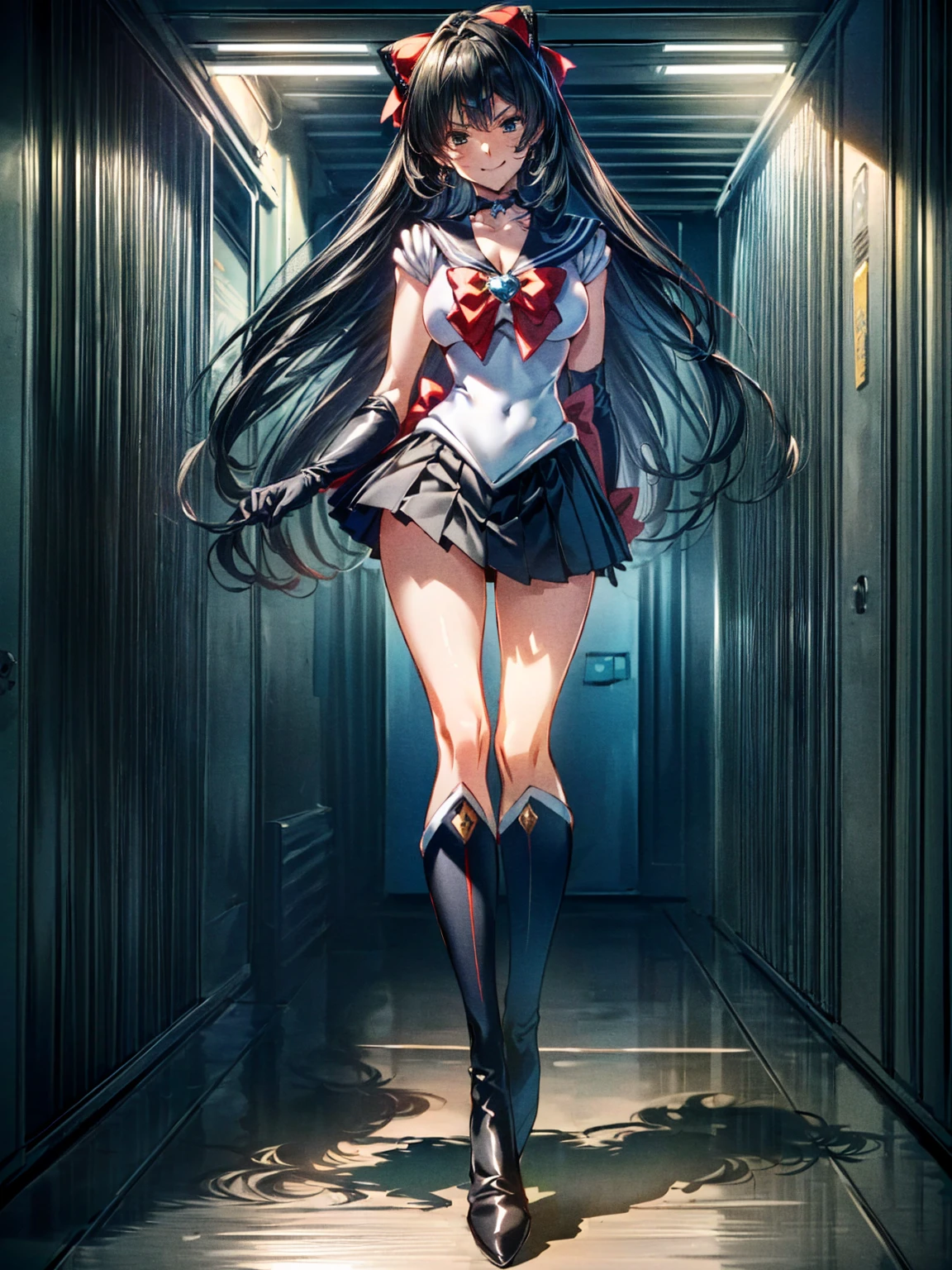 Perfect Anatomy,(8K, Highest quality, masterpiece:1.2),\(Beautiful Eyes\),\(Facial Features\),(\(Costume details Details\)\),(Big Lesbians , Super Skirt,Sailor Moon Costume,(Face Focus) ,Very detailed CG Unity 12K wallpaper,Large file size,Very detailed,High resolution,absurdes,Beautiful Eyes,Ray Tracing,Dramatic Shadows,Down to the last detail,elevation,Hyper Detail,(alone),Anime Style、Very long straight hair、Black Hair、Black sailor collar、Black Absolute Short Mini Scart,bow, Gloves、(In the research evil facility:1.3),(full body:1.5),(evil smile:1.5),