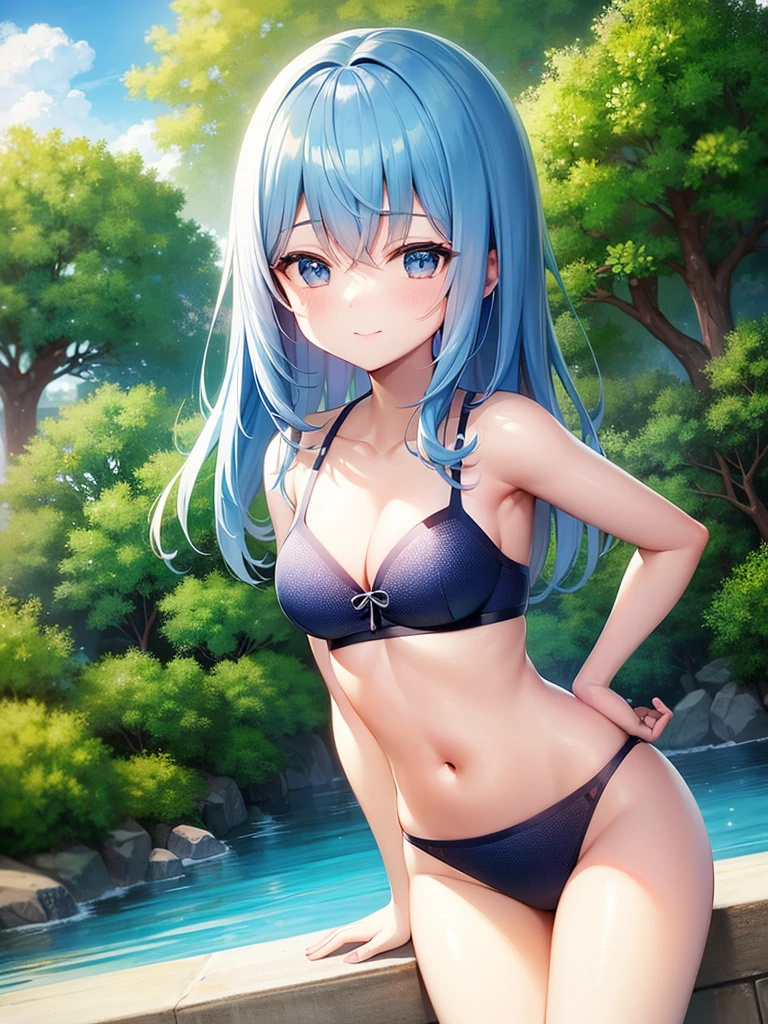 Ocean、blue sky、One girl、Light blue hair、bangs、Big Eyes、Pink Bikini、surfboard、Looking this way and smiling、Highest品質, High definition, Ultra-fine, Highest_detailed