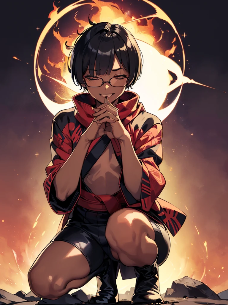 (flat chest:), (masterpiece:1.2), highest quality, High resolution, unity 8k wallpaper, (fine and beautiful eyes:1.6), highly detailed face, perfect lighting, Detailed CG, (perfect hands, perfect anatomy), (1 boy solo:1.4), 20 years old, black hair, extremely beautiful detailfeminine face and eyes, (evil smile:1.4), detailed eyes, best quality,( dark skin:1.8), (turtleneck shirt under yukata:1.2), (bike shorts:1.2), extremely detailed, very precise detailed, (glasses:1.3), blunt bangs, open mouth, (very short pixie cut:1.2), boots,fingerless gloves, smile, (half closed eyes:1.3), ,(on kawara roof),night sky, ,long sidelocks,(long red Scarf),(yukata),(squatting), ears,(acrobat pose:1.3),(squat:1.3),leaning forward,(one knee dwon:1.5),(Put one foot in front:1.3),(stylish pose:1.4),(Raise only index finger:1.1),(Joining hands:1.5),(retro artstyle:1.2), (1990s \(style\)),