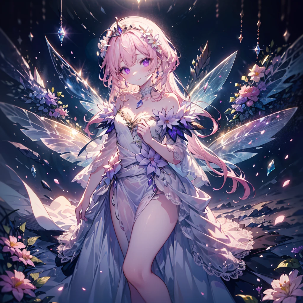 (highest quality, masterpiece, Super detailed, very detailed, exquisite, 16K,Full HD),dramatic lighting,moonlight, soft lighting, ((alone:1.5)),From the side,beautiful night sky,starry sky,Meteor,From above,((head shot)),wake up,large amount of flowers,The entire screen is surrounded by flowers,(Crystal Forest),(fairy princess, purple eyes, long eyelashes,white skin,slim,Pale pink lip,pale pink cheeks, bionde,thin and long,(thin and high nose,small nose),(From above her waist, a giant fairy wing),diamond tiara,diamond earrings,Diamond Choker,white ball gown dress with diamonds, lace and ruffles,(laughter), (fantasy, romantic atmosphere), magic light,