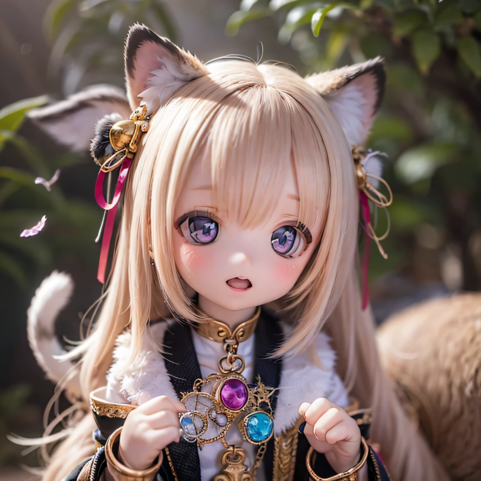 (Highest quality,4K,8K,High resolution,masterpiece:1.2),Very detailed,Realistic,White Tiger Girls Chibi,Beautiful details,Long eyelashes,Detailed lips,A girl in colorful and cute clothes,鮮やかな花を咲かせる背の高いwood々々Play in the Magic Garden,soft, wood々The warm sunlight々Plug in from between,Creates a magical and dreamy atmosphere,Sparkling fairy dust floating in the air,Bring a sense of glamour and wonder to your scenes,The skin has a delicate and intricate tiger pattern...,Glows softly, Mysterious Light,The innocent and happy expressions of the girls,
Emphasize a pure and playful personality,Small and adorable chibi characters, Add urban cuteness, A harmonious blend of reality and fantasy,
Evokes childlike joy and imagination, vibrant and lively color palette,
Shades of pink, purple, Blue and,Painting-like texture, Add depth and richness to your artwork, Capture the magical essence of the scene.