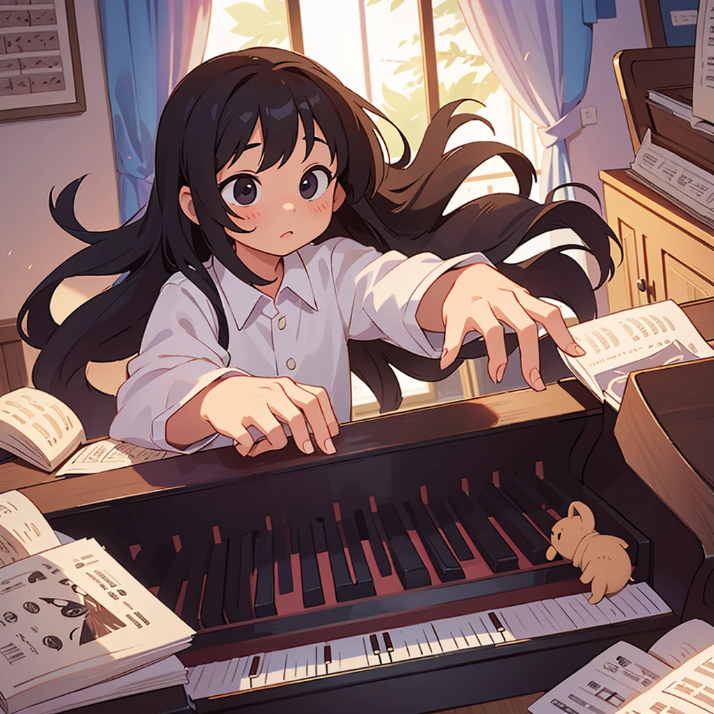 A third grade elementary school girl practicing piano in her room. The girl has long hair. The girl has black hair. She is playing the piano happily.
