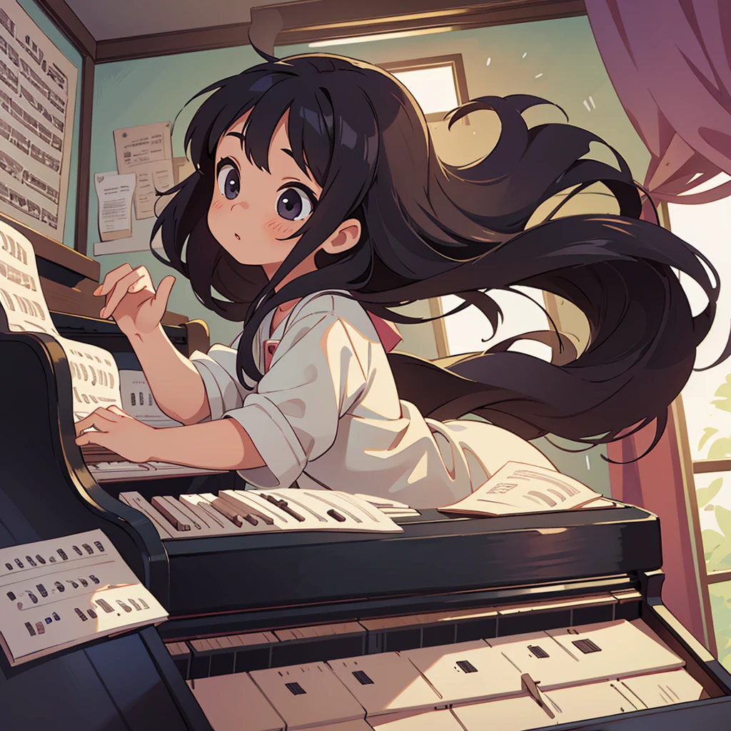 A third grade elementary school girl practicing piano in her room. The girl has long hair. The girl has black hair. She is playing the piano happily.