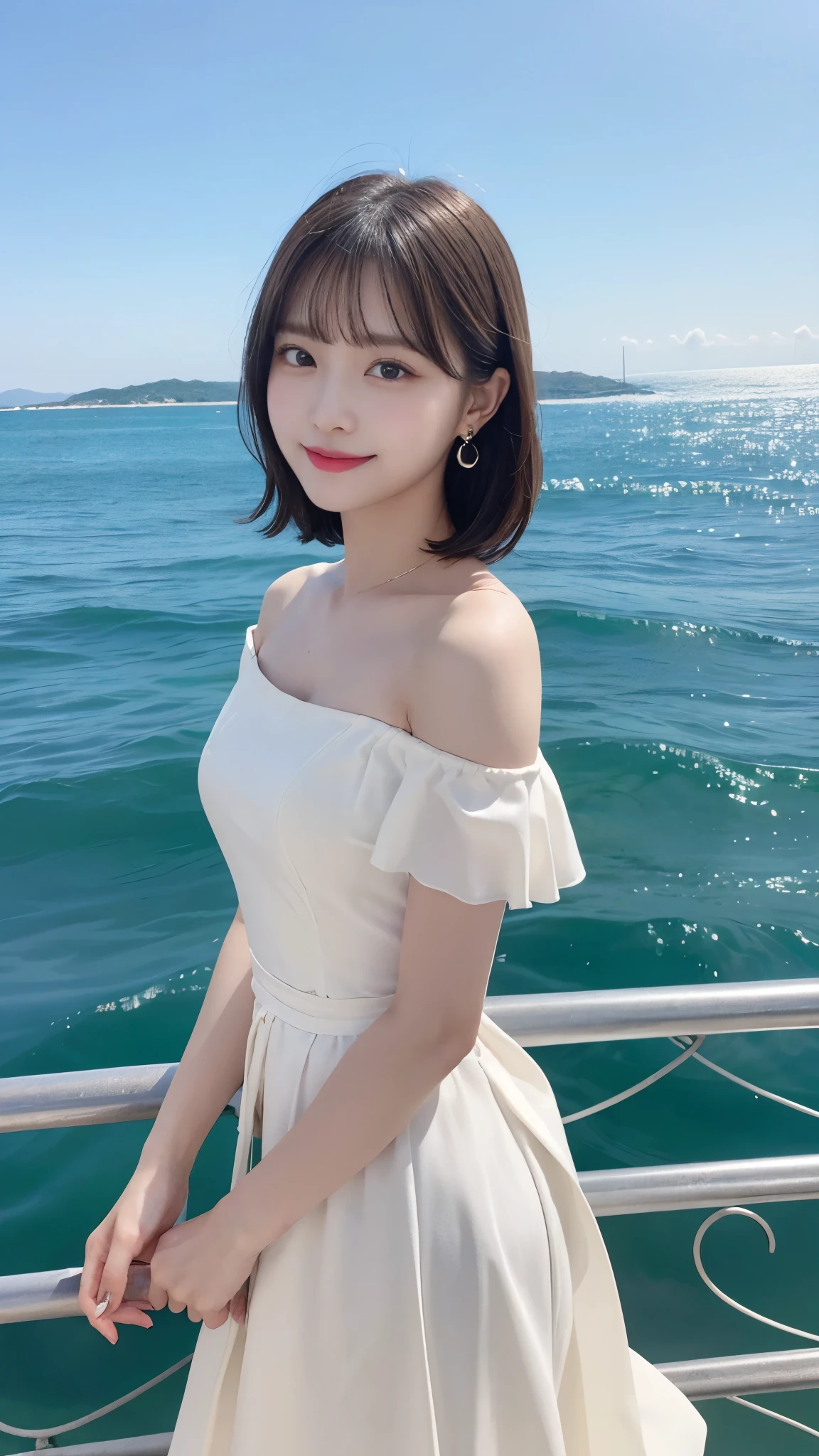 (masterpiece), ((Highest quality)), (Very detailed), ((very delicine and beautiful)), (Unbelievably absurd))), (Perfect body))), 1 Girl, Glowing White Particles, Finding, Holding_sword, Blonde Bob, Red eyes, 17 years old, Outdoor, null, Aura full body, big, white tintered dress, ???? shoulders, A small smile, Ocean + background, Wind, Perfect hands, Hand Detail, Modified fingers. Earrings, Looking_in_Audience, Cowboy Shot, Rich details, Perfect image quality