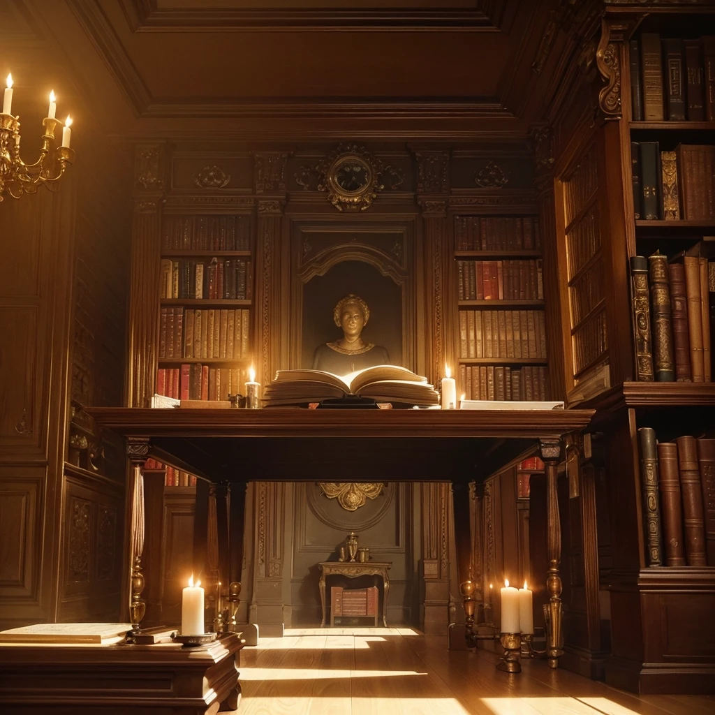 a library interior, a table with candles, surrounded by books, ornate old books, wooden furniture, cozy lighting, antique, warm atmosphere, intricate details, highly detailed, photorealistic, 8k, masterpiece, chiaroscuro lighting, dramatic shadows, renaissance style, moody tones, golden accents