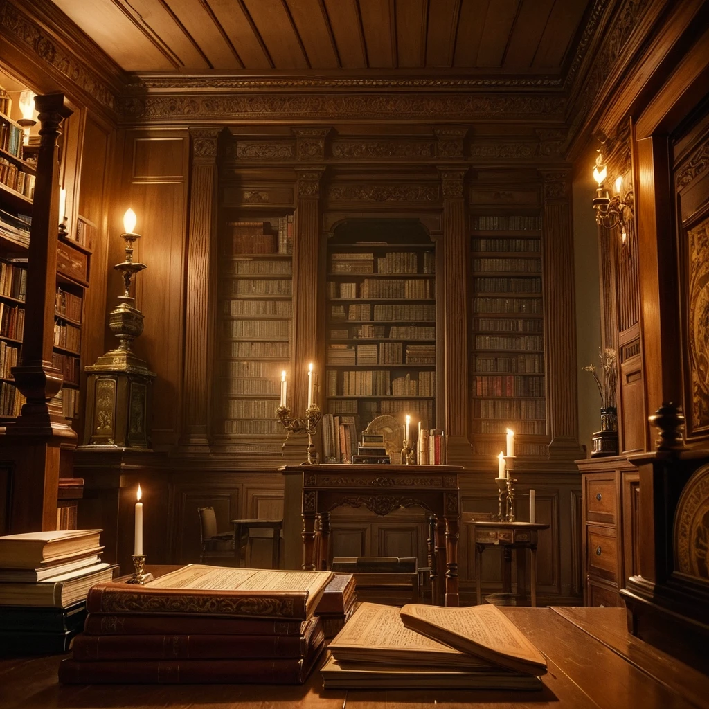 a library interior, a table with candles, surrounded by books, ornate old books, wooden furniture, cozy lighting, antique, warm atmosphere, intricate details, highly detailed, photorealistic, 8k, masterpiece, chiaroscuro lighting, dramatic shadows, renaissance style, moody tones, golden accents