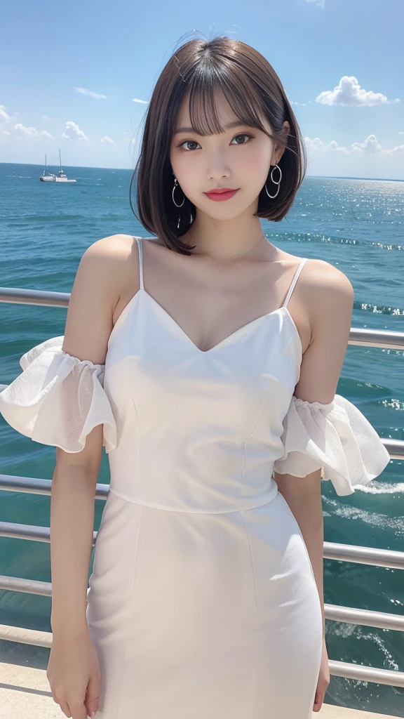 (masterpiece), ((Highest quality)), (Very detailed), ((very delicine and beautiful)), (Unbelievably absurd))), (Perfect body))), 1 Girl, Glowing White Particles, Finding, Holding_sword, Blonde Bob, Red eyes, , Outdoor, null, Aura full body, big, white tintered dress, Bare shoulders, A small smile, Ocean + background, Wind, Perfect hands, Hand Detail, Modified fingers. Earrings, Looking_in_Audience, Cowboy Shot, Rich details, Perfect image quality