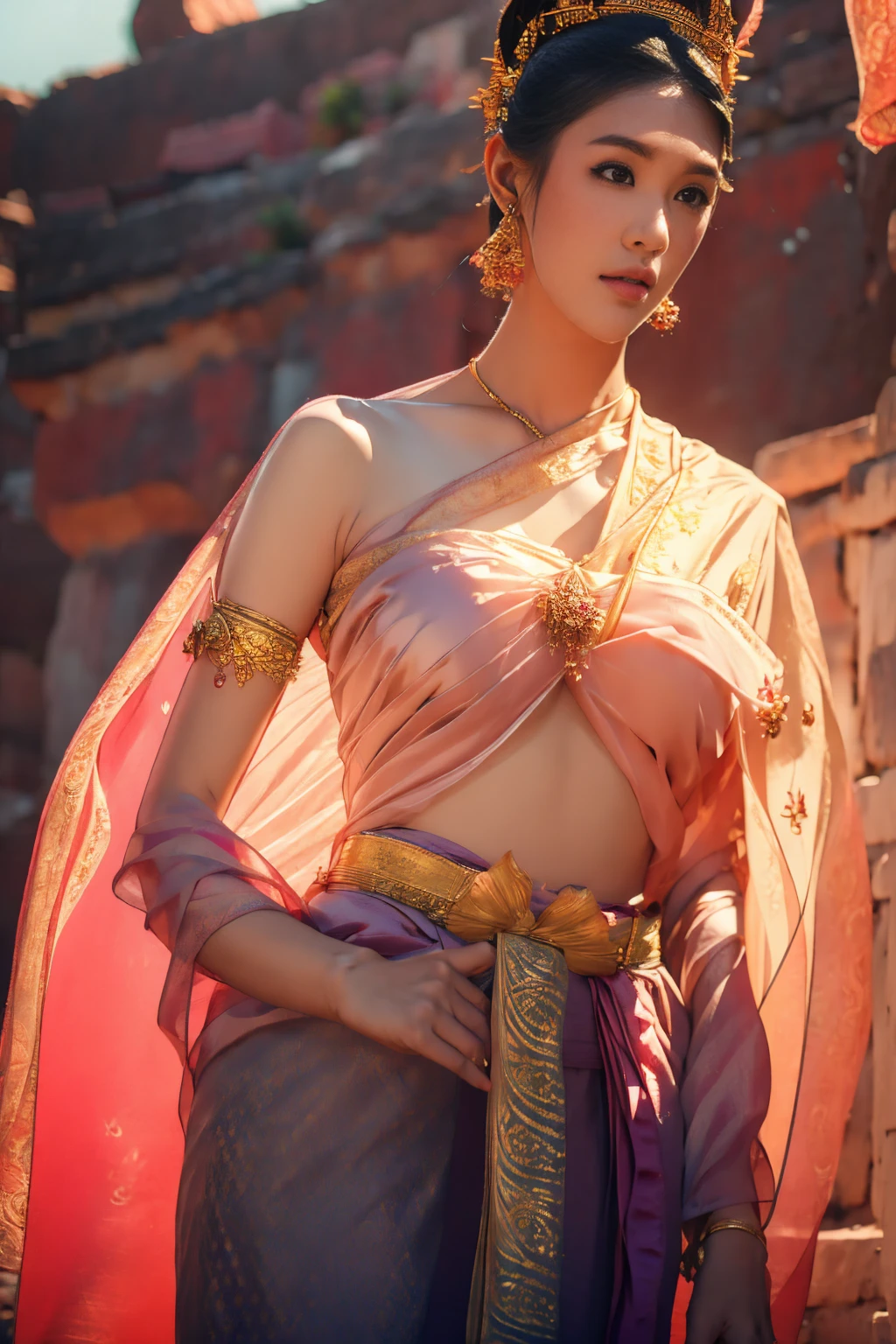(best quality,photo-realistic),arrafed Thai woman, ancient Sukhothai costume,loincloth,ornament,visible ,revealing cloth,cultural,colorful,exquisite details,fine hand embroidery,elaborate headdress,traditional makeup,majestic pose,sunset glowing,Ancient Thai temple backdrop,serene atmosphere,soft lighting,vibrant colors,historical fusion,laterns lighting the scene,lotus flowers adorning the surroundings,aesthetic balance,ethereal beauty