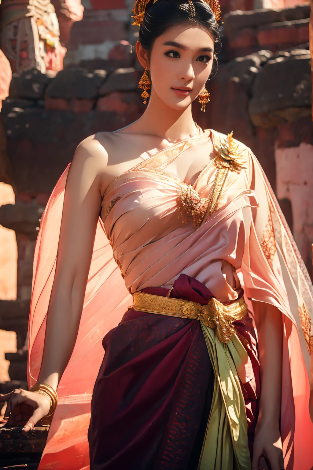 (best quality,photo-realistic),arrafed Thai woman,sexy ancient Sukhothai costume,loincloth,ornament,visible breast,revealing cloth,cultural,colorful,exquisite details,fine hand embroidery,elaborate headdress,traditional makeup,majestic pose,sunset glowing,Ancient Thai temple backdrop,serene atmosphere,soft lighting,vibrant colors,historical fusion,laterns lighting the scene,lotus flowers adorning the surroundings,aesthetic balance,ethereal beauty