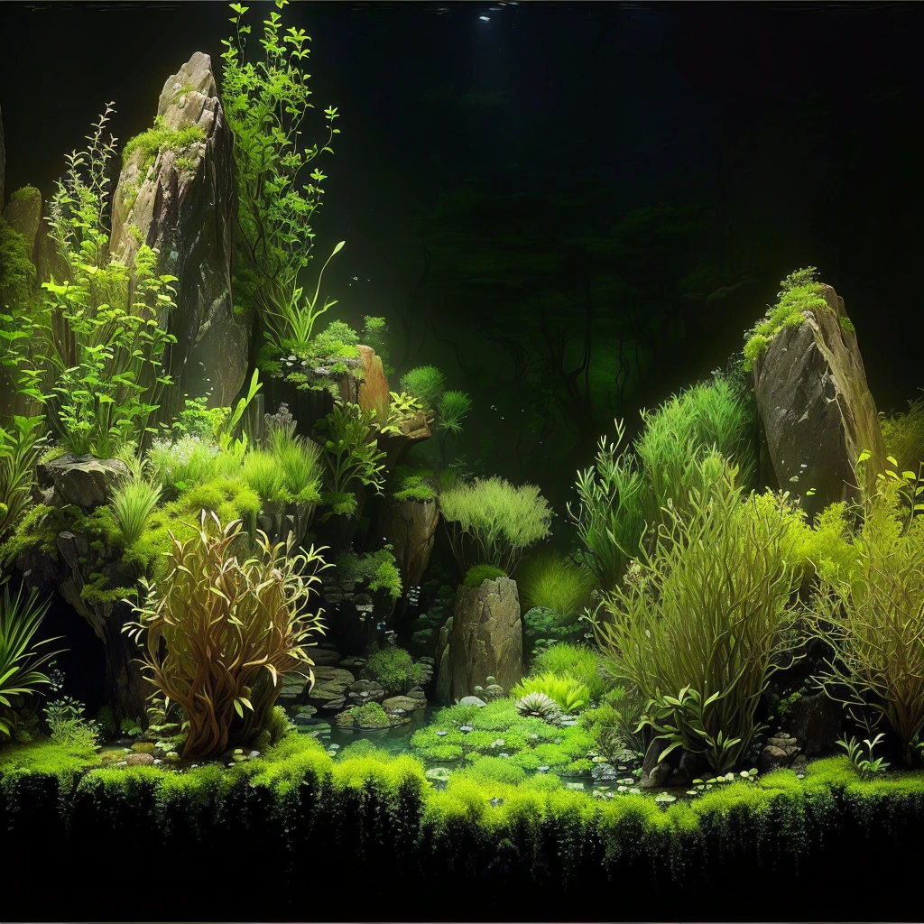 there is an aquarium with plants and rocks in it, Iwagumi Waterscape, aquatic plants, overgrown with aquatic plants, aquatic plants, detailed scenery - width 672, theophanic atmospheric nursery, river with low plants, beautiful environment, moss, ecossistema, moss landscape, underwater plants, Lush Environment, incredible depth