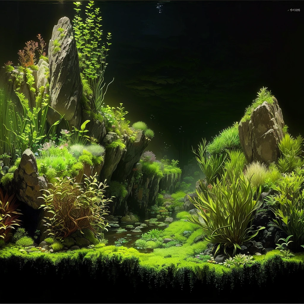 there is an aquarium with plants and rocks in it, Iwagumi Waterscape, aquatic plants, overgrown with aquatic plants, aquatic plants, detailed scenery - width 672, theophanic atmospheric nursery, river with low plants, beautiful environment, moss, ecossistema, moss landscape, underwater plants, Lush Environment, incredible depth