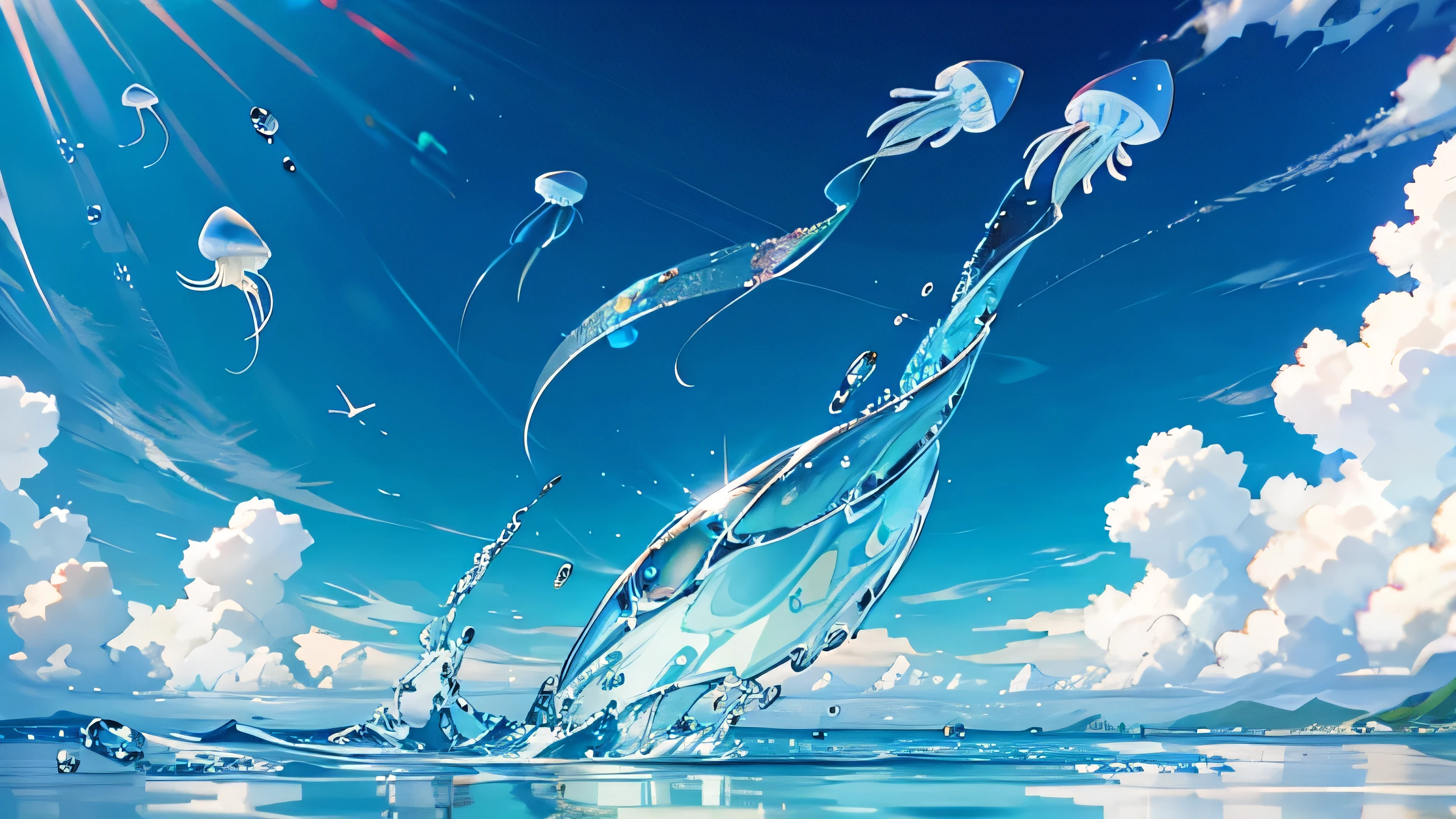Surreal Scene, ,Blue sky background, water, sunlight, Low angle view, High quality 8K,Jellyfish, fish, Illustrated style, Deformation,