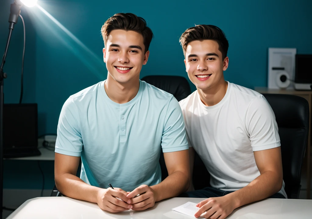 happy young man producing with light 3d realistic light blue lighting