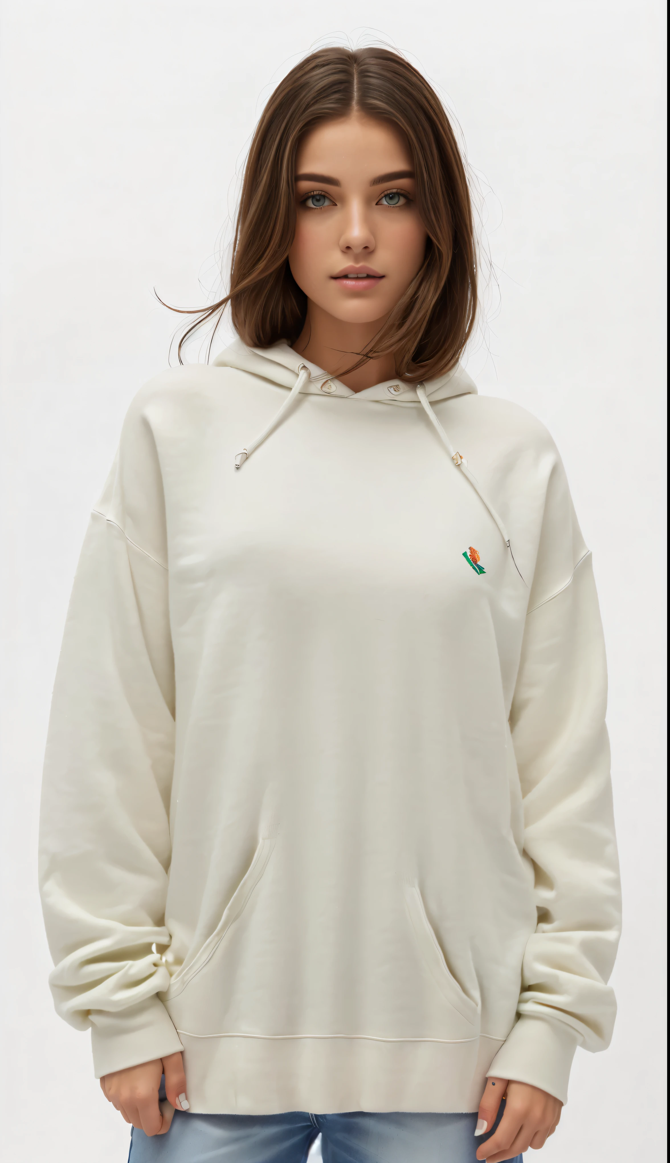 a woman wearing a white sweatshirt and jeans stands in front of a white background, White Sweater, realistic clothing, wearing sweatshirt, wearing a White Sweater, shirt long, White Russian clothes, beiges, Torn white clothes, oversized, stained dirty clothes, wearing - white style, realistically rendered clothes, white clothes, beiges hoodie, ( ultra realistic ), casual white clothes