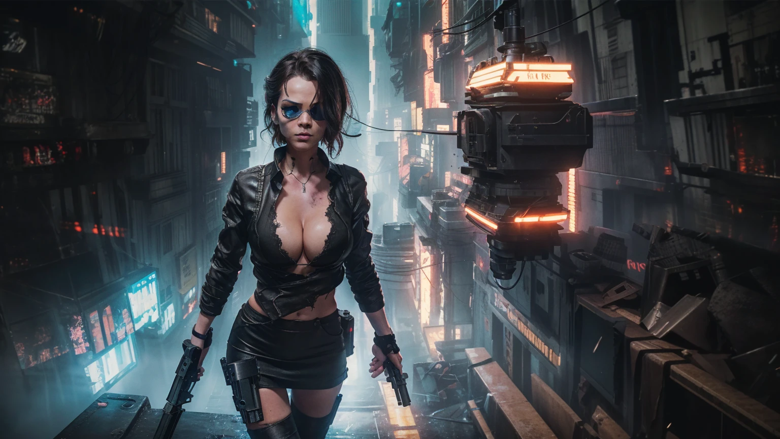 Close-up, a beautiful French woman, tattered clothes, wild long hair, tattered clothes , cleaveage, action movie scene, Dystopian Dinner Cinematic Blade Runner, natta, busy with neon signs, blade runner aesthetics, film cinematography, gangue trash, attractive person, High emphasis on detail, wearing weather technology equipment, gangue trash, full of life, gangue trash, action movie shot by Kon Satoshi, style semi impasto, dark ink, Atmospheric, Ablaze, lighting dramatic, Beautiful eyes, symmetric eyes, perfects eyes. Matrix style, (((Matrix cascading code))), (((a futuristic twin tower skyscraper with a unique twisted design))), (((OLED GUI interfaces in the building))), at night, (((((1girl, solo))))), photo realistic, (((((((large-breast:1.1 slim body, cleavage:1.4))))))), (((((off broken mini sling-shirt and black sling bra, extreamly short pleated miniskirt exposing panty))))), (((((running pose))))), (((((((matrix style black micro sunglasses))))))), ((((((((((aiming with a short gun)))))))))), (((((looking at camera))))), (((very low view))), (((((half-body thigh level medium shot))))), (((cinematic lighting))).