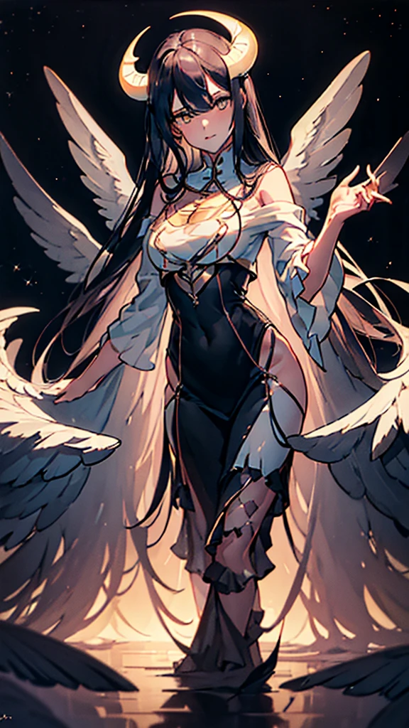 ((((Obra maestra, La mejor calidad, ultrahigh resolution)))), 1girl, standing, segmented body, Starry eyes, long silver hair, ((transparent wings, mesh clothing,)), stern expression, elegant posture, holding a celestial orb, (head tilt), starry night background, (night sky, nebulae, stars, galaxy), (distinctive and detailed facial features), 30 years old, ((heroic, noble)), (soft lighting, high contrast), medium bust, dressing gown, light fabric, guardian