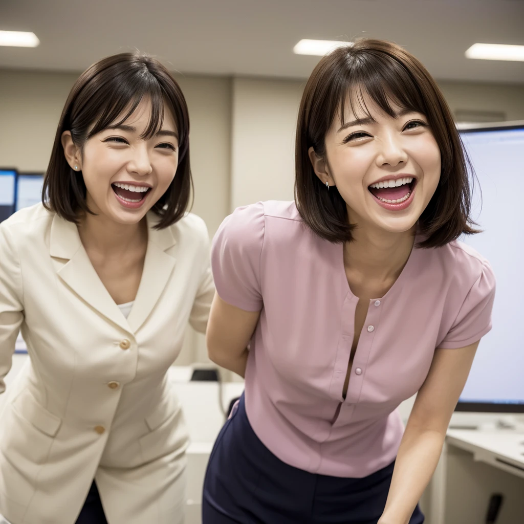 Laughing Japanese office lady、office、(Anatomically correct),masterpiece, Highest quality, Photorealistic、Laughing with your mouth open、Smiling at the camera
