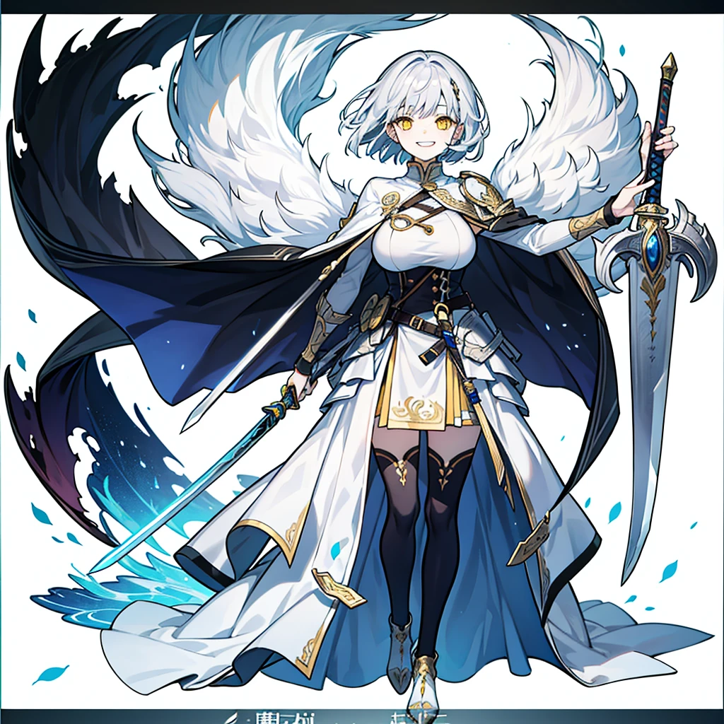 One Woman、young、Silver Hair、Short Hair、Yellow Eyes、Very large breasts、grinning mouth、Warrior、White Cape、Holding a sword、Full body portrait、front、No background