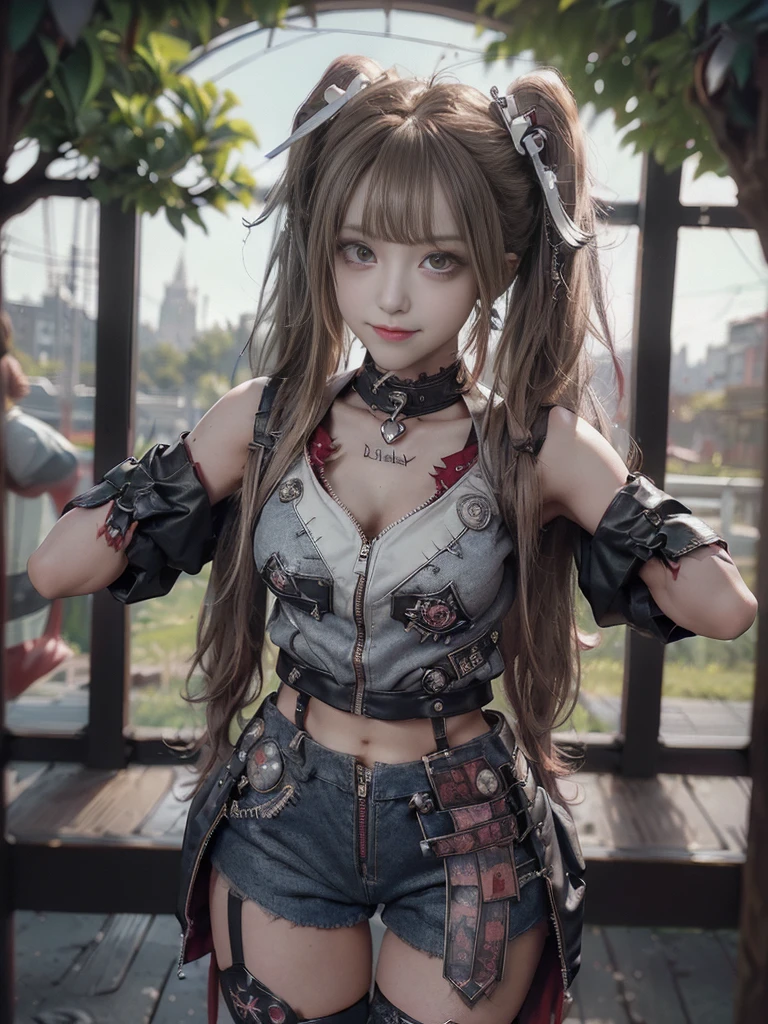 (Full body view:1.4)、(Side view:1.1)、(Smiling with teeth showing:1.3),(Shibuya Gal:1.5)、(Beautiful:1.5)、(Punk RockVisual Kei:1.4)、(Burgundy denim with khaki and brown medieval tattered zip up:1.5)、(Wine red arm covers and tattered bugle pants:1.5)、(Wine red high heels:1.3)、(Wearing silver accessories:1.5)、(Dark brown collar:1.4)、(Leather garter belt:1.4)、(Red skin belt:1.3)、(Red lace underwear:1.5)、30 years old、NSFW、((Highest quality、In 8K、masterpiece:1.3))、Sharp focus:1.2、(Layered Cut、Huge boobs:1.1),Beautiful woman with perfect figure:1.4、(Doing an aerobics pose:1.3)、Slender Abs:1.2、Highly detailed face and skin texture、Detailed eyes、double eyelid,(Twin tails:1.3)、(Brown-golden hair:1.3)、Gravure idol、(A fairytale-like cafe with a lush tree background:1.3)、(Slim Body:1.3),(Make your legs thinner:1.4),(Thin, thin thighs:1.3)、(clavicle:1.1)
