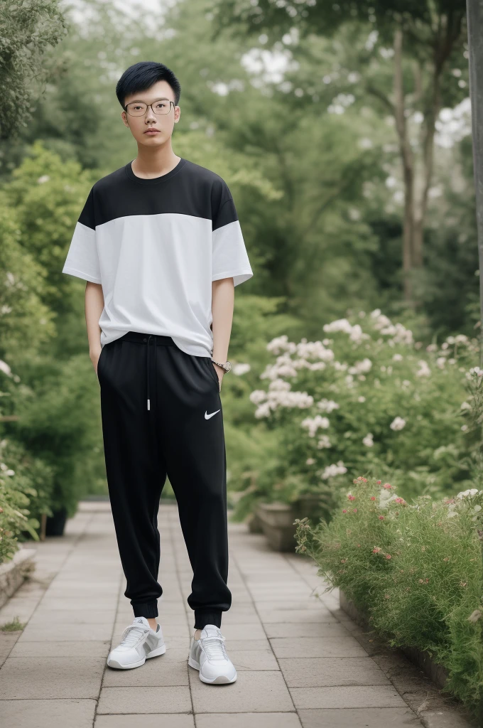 21 year old Chinese boy, he is wearing a oversize white t shirt XXL, he is wearing black Jogger trousers, he is wearing black sneakers, he is wearing glasses, he is dancer, Garden, full body, he is buzz cut Hair, foot