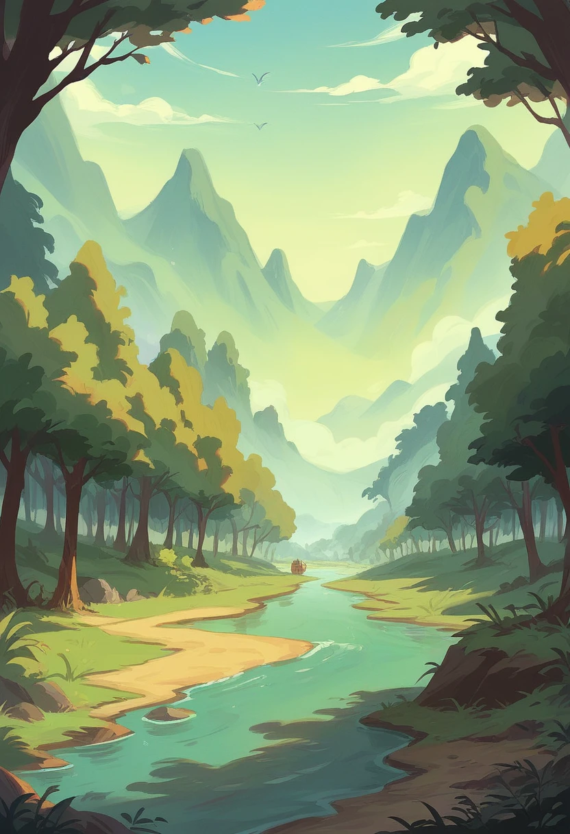 Anime scenery of a far away town in the middle and long road, there is a river and forest beside the road