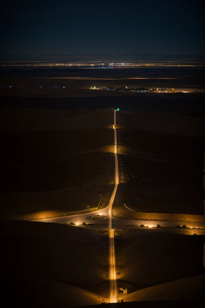large desert plain at night, in the distance a large city lit up, the city surrounded by a great wall protected by the army