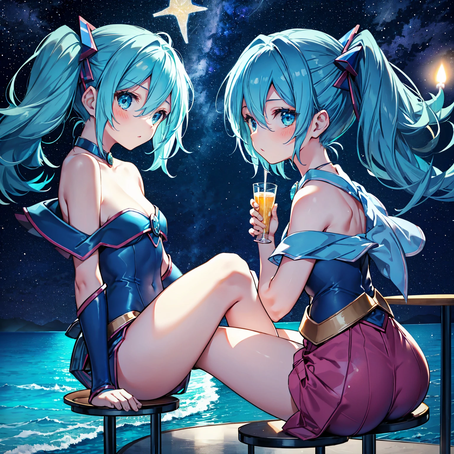 Bar in the sky, 1girl, solo, alone, ,flat chest,blue hair,short twintails,middle hair,sky blue eyes,sitting at bar counter, from side, drinking, (ocean:1.3), candles, starry sky, shooting stars, masterpiece, best quality, ultra detailed,bar