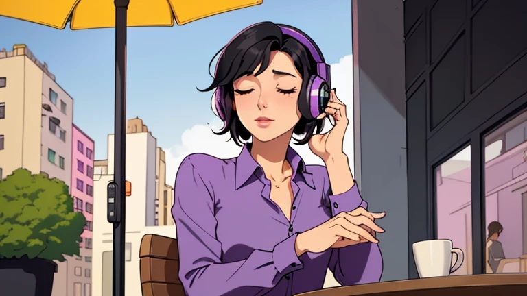 Beautiful woman in her 30s with short black hair is sitting with headphones on the cafe terrace. Looking down, eyes closed, LOFI girl, alone in the room, purple blouse, relaxing mood, cozy, only five fingers, new york, colorful, Well-proportioned face, Beautiful human female fingers