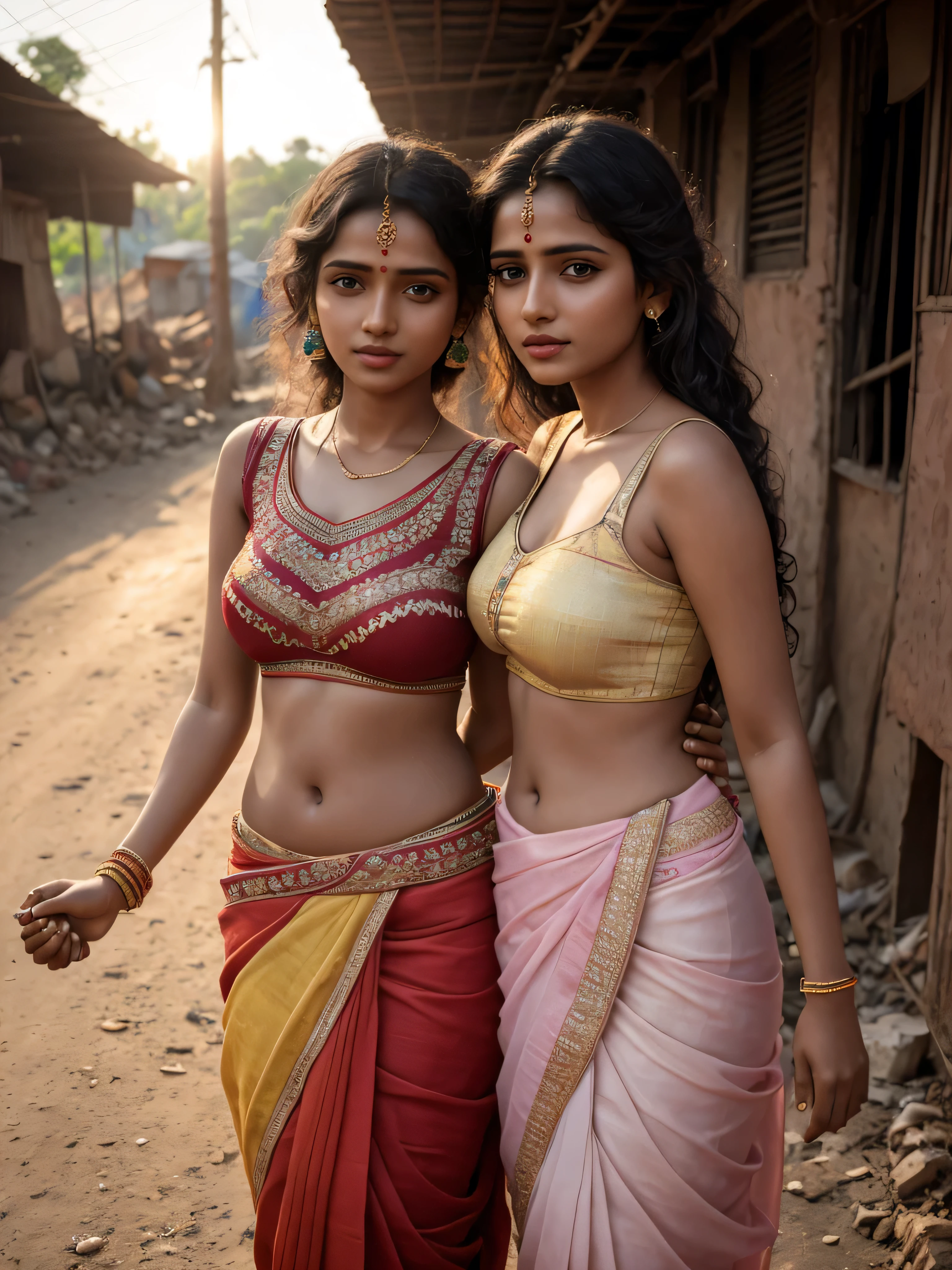 young Indian girl and her sister holding hands playfully  , 18-year-old,  ugly dress, poor girl surrounded by people ,   gentle sun lighting on face , firm ,  wearing low waist saree,  wide background,  full body photo, village , Ugly Slum, , village girl vibe, intricate  details, full body picture,pose flawless complexion, top-notch 3D rendering, hyper-realistic, shot on Indian road. photorealistic digital art trending on Artstation 8k HD high definition detailed realistic, detailed, skin texture, hyper detailed, realistic skin high resolution, detailed, raw photo, 400 camera f1.6 lens rich colors hyper realistic lifelike texture