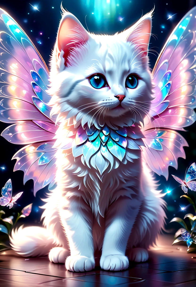 masterpiece, best quality, 8K, High Detail, Ultra Detailed, A cute kitten, Light Blue，Gorgeous holographic design, Light pink and white, Almost perfect，With fairy transparent colored wings