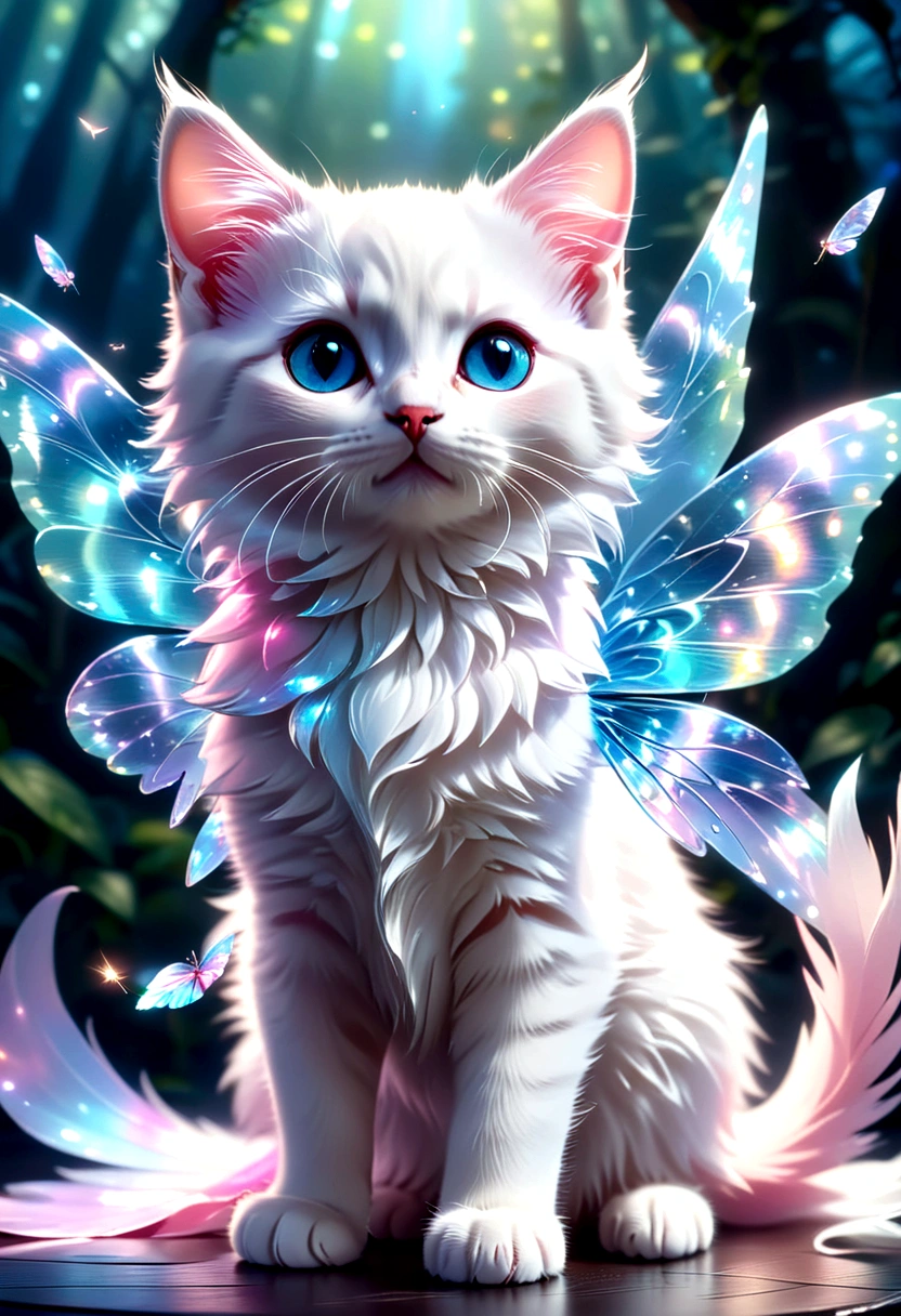 masterpiece, best quality, 8K, High Detail, Ultra Detailed, A cute kitten, Light Blue,Gorgeous holographic design, Light pink and white, Almost perfect,With fairy transparent colored wings