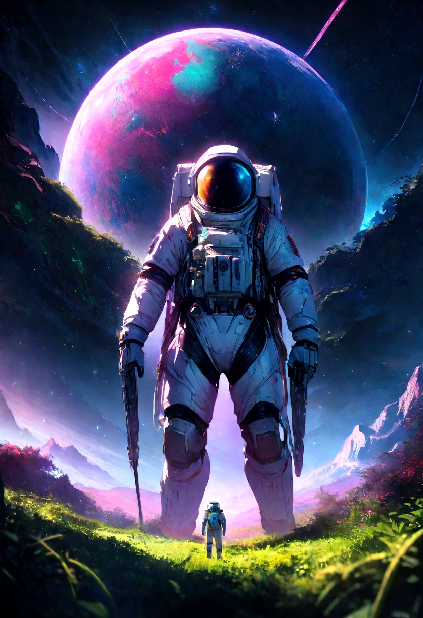 an astronaut standing in a lush field, nomanssky style wallpaper, 4K high resolution concept art beautiful masterpiece,abstract dream, space, intricate, large scale, alone, cinematic film still, Insane detail, sharp focus, depth of field , realistic lighting, (realistic perspective), complex, (multiple subjects), 4k HDR,