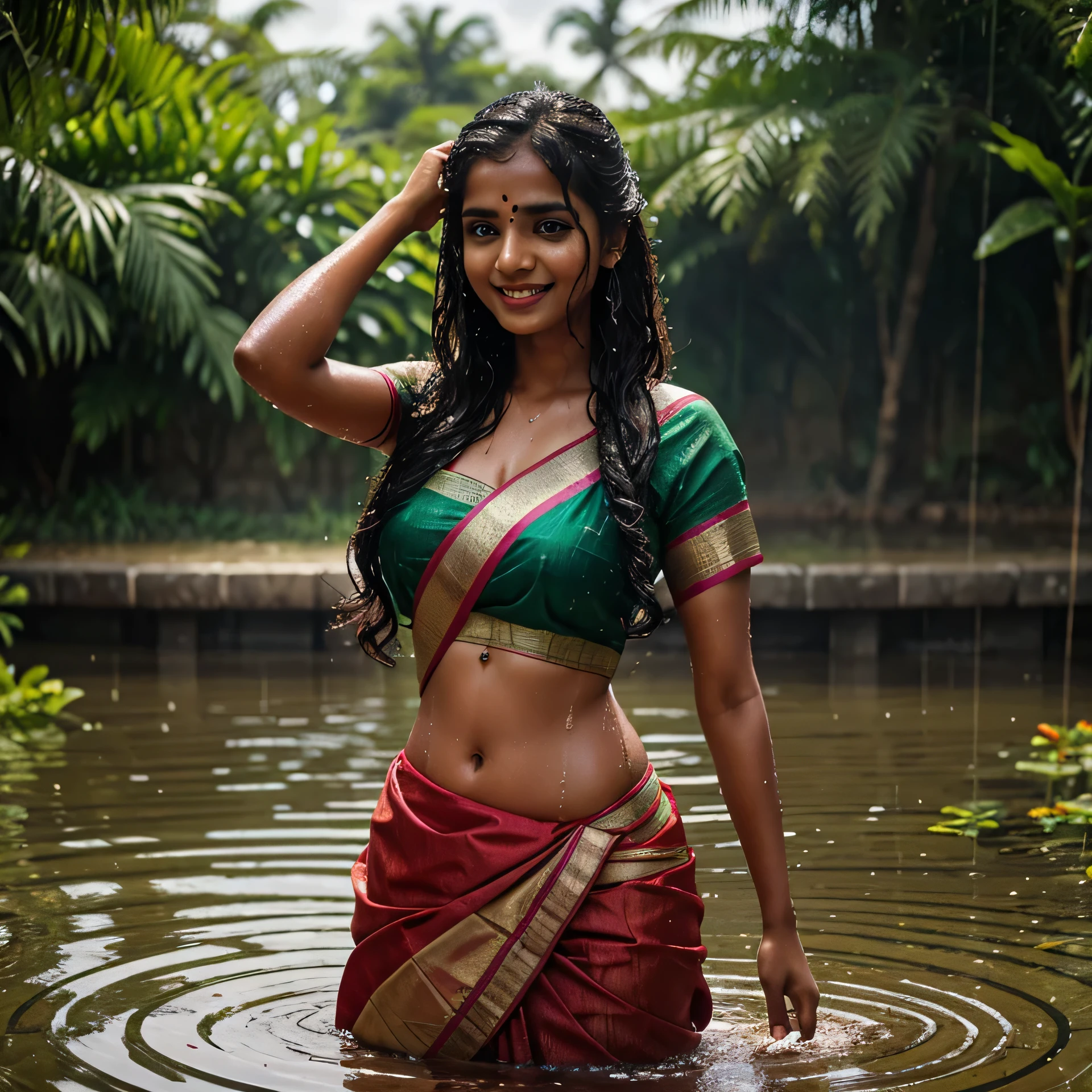 Tamil girl fallen in pond, soaked, drenched, wet clothes, saree, blouse, long skirt, cute, soaked, laughing, wet skin, wet hair, dripping wet, 1girl, solo, in water up to her waist, submerged, bright sunny day, summer heat, humid, HDR, hyper realistic, intricate detailing of face, yotta-pixel image, yocto-pixel detailing, SFW
