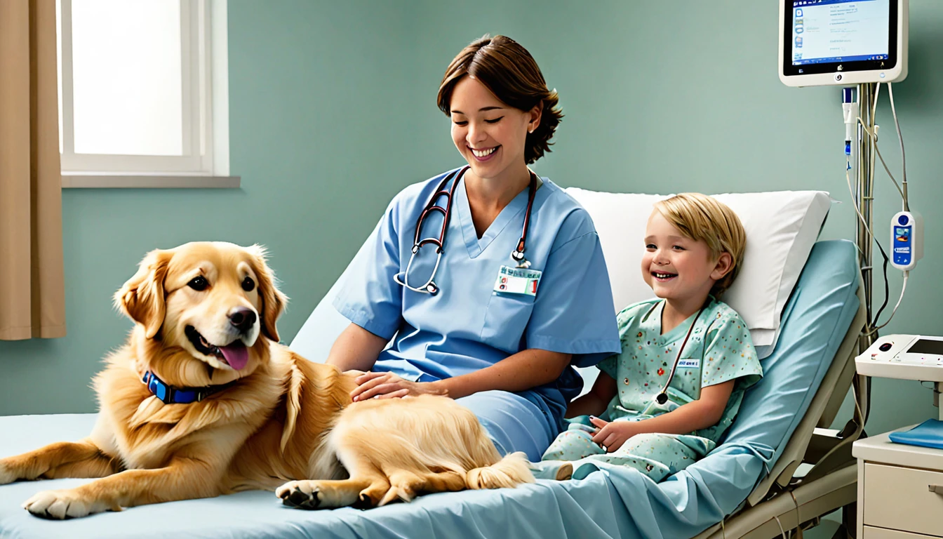 Please generate a heartwarming scene of a child patient lying in a hospital bed with a therapy dog in a private hospital room.

 patient:
- A boy around 10 years old
- Lying in a hospital bed
- Receiving an IV drip but smiling while interacting with the therapy dog
- Wearing a light blue hospital gown

Therapy dog:
- A Golden Retriever
- Sitting next to the child's bed, gently nestling close to the child
- Has a calm and friendly expression, watching over the child
- Wearing a therapy dog vest

Hospital room details:
- White walls and bright lighting
- A bedside table and chair
- Gentle sunlight streaming through the window
- A vase with flowers in the room

Overall atmosphere:
- Express how the therapy dog provides comfort and healing to the child
- Create a warm and gentle ambiance within the hospital room
- Convey the bond and trust between the child and the therapy dog

This prompt specifically describes the details of the  patient (age, gender, condition, attire), the therapy dog (breed, behavior, expression, attire), the hospital room (wall color, lighting, furniture, decorations), and the overall atmosphere. By providing these concrete details, the image generation AI can accurately generate the intended scene, capturing the comfort, healing, and bond that arise from the interaction between the therapy dog and the  patient in the hospital room.