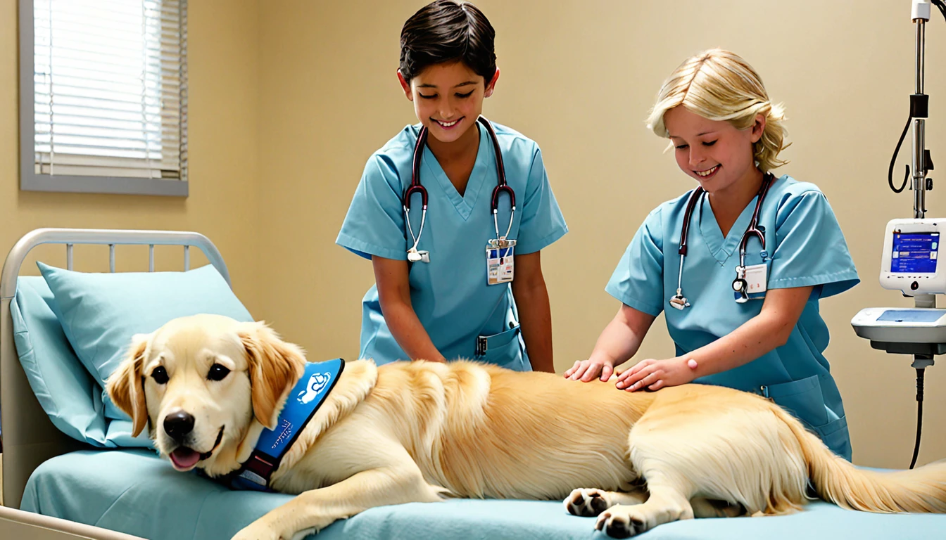 Please generate a heartwarming scene of a  patient lying in a hospital bed with a therapy dog in a private hospital room.

 patient:
- A boy arouning in a hospital bed
- Receiving an IV drip but smiling while interacting with the therapy dog
- Wearing a light blue hospital gown

Therapy dog:
- A Golden Retriever
- Sitting next to the child's bed, gently nestling close to the child
- Has a calm and friendly expression, watching over the child
- Wearing a therapy dog vest

Hospital room details:
- White walls and bright lighting
- A bedside table and chair
- Gentle sunlight streaming through the window
- A vase with flowers in the room

Overall atmosphere:
- Express how the therapy dog provides comfort and healing to the child
- Create a warm and gentle ambiance within the hospital room
- Convey the bond and trust between the child and the therapy dog

This prompt specifically describes the details of the  patient (age, gender, condition, attire), the therapy dog (breed, behavior, expression, attire), the hospital room (wall color, lighting, furniture, decorations), and the overall atmosphere. By providing these concrete details, the image generation AI can accurately generate the intended scene, capturing the comfort, healing, and bond that arise from the interaction between the therapy dog and the  patient in the hospital room.