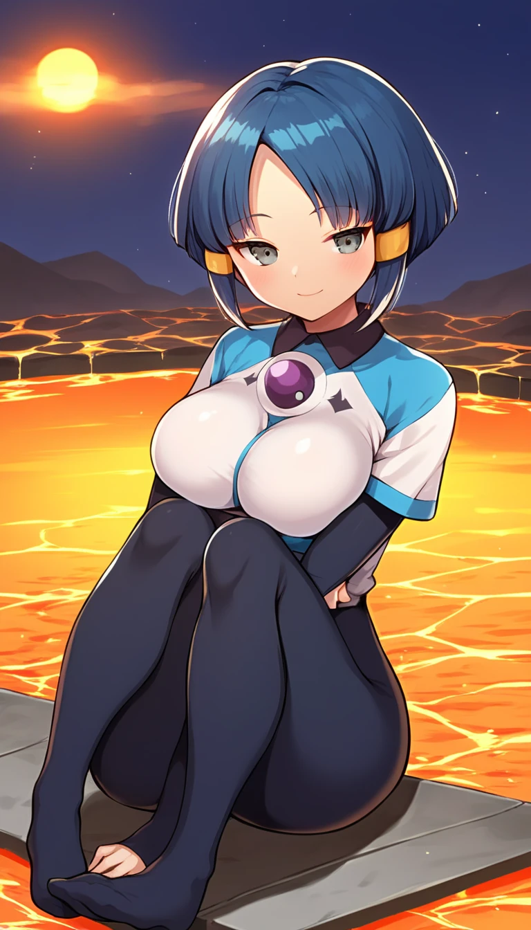 best quality,ultra detailed,solo,score_9, score_8_up, score_7_up, score_6_up, score_5_up, score_4_up, source_anime, 1girl, clara, blue hair, hair tubes, grey eyes, big breasts, sexy pose, (front view,portrait),full body, sitting on lava,heavenly ass, heavenly breasts, big ass, no shoes, wearing black heels, smile, cute, face, long legs, tight bodysuit, naked, half-closed eyes, touching own breasts