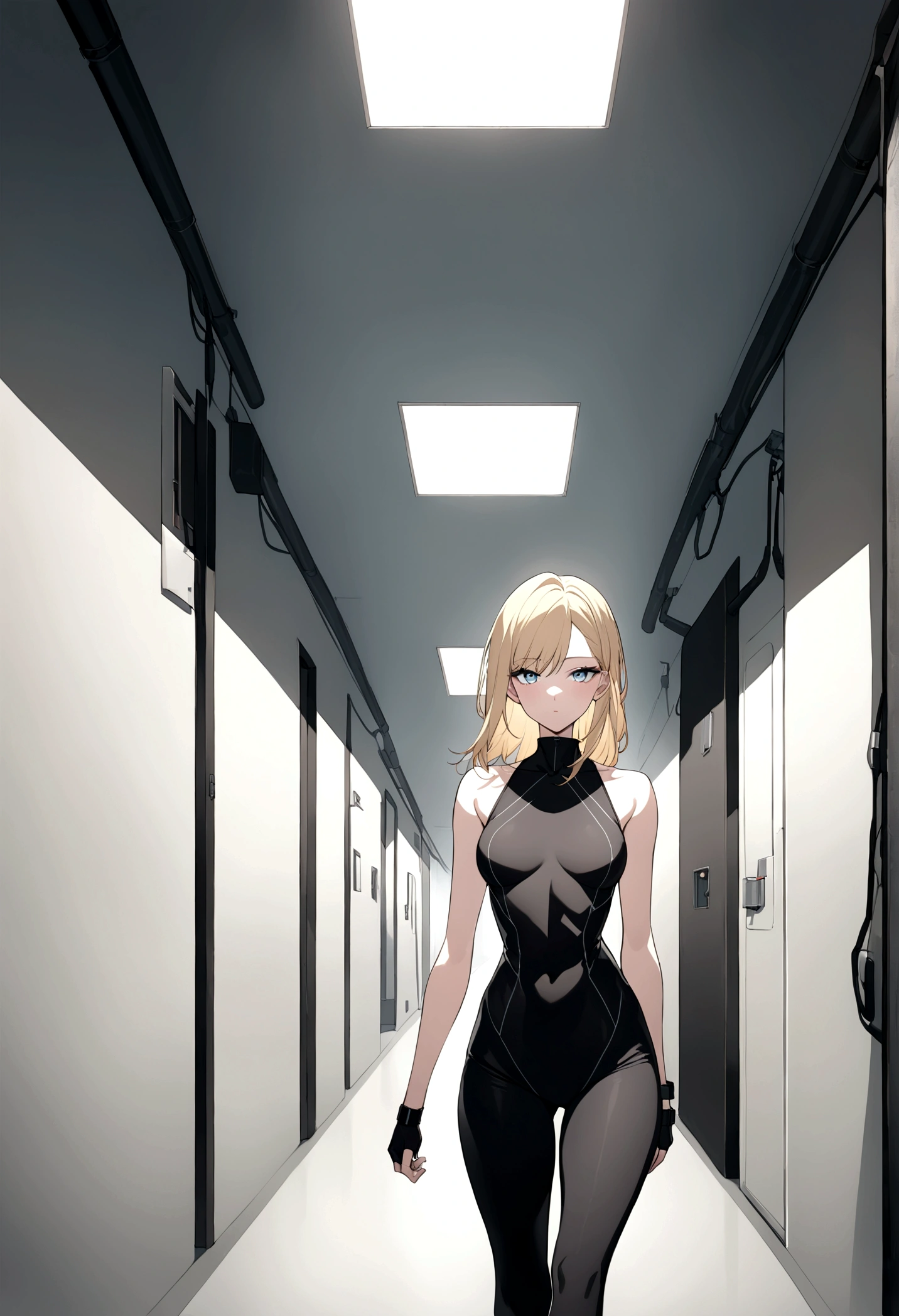 (masterpiece, 32k, 8k, white laboratory corridor setting, character walking towards the viewer) woman, 26 years old, naturally beautiful face, long blonde hair with pink streaks, tight black clothes in cyberpunk style, eyes of different colors, one blue eye and another gray eye