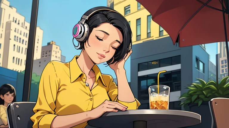 Beautiful woman in her 30s with short black hair is sitting with headphones on the cafe terrace. Looking down, eyes closed, LOFI girl, alone in the room, Yellow blouse, relaxing mood, cozy, only five fingers, new york, colorful, Well-proportioned face, Beautiful human female fingers
