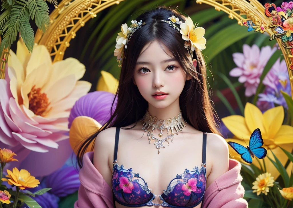 (masterpiece, Highest quality, Highest quality, Official Art, beautifully、beautiful:1.2), (1 Girl), Very detailed,(Fractal Art:1.3),Colorful tube top bra、Most detailed, Background with fractals and details of various flowers and tropical flowers and butterflies、Psychedelic Concept