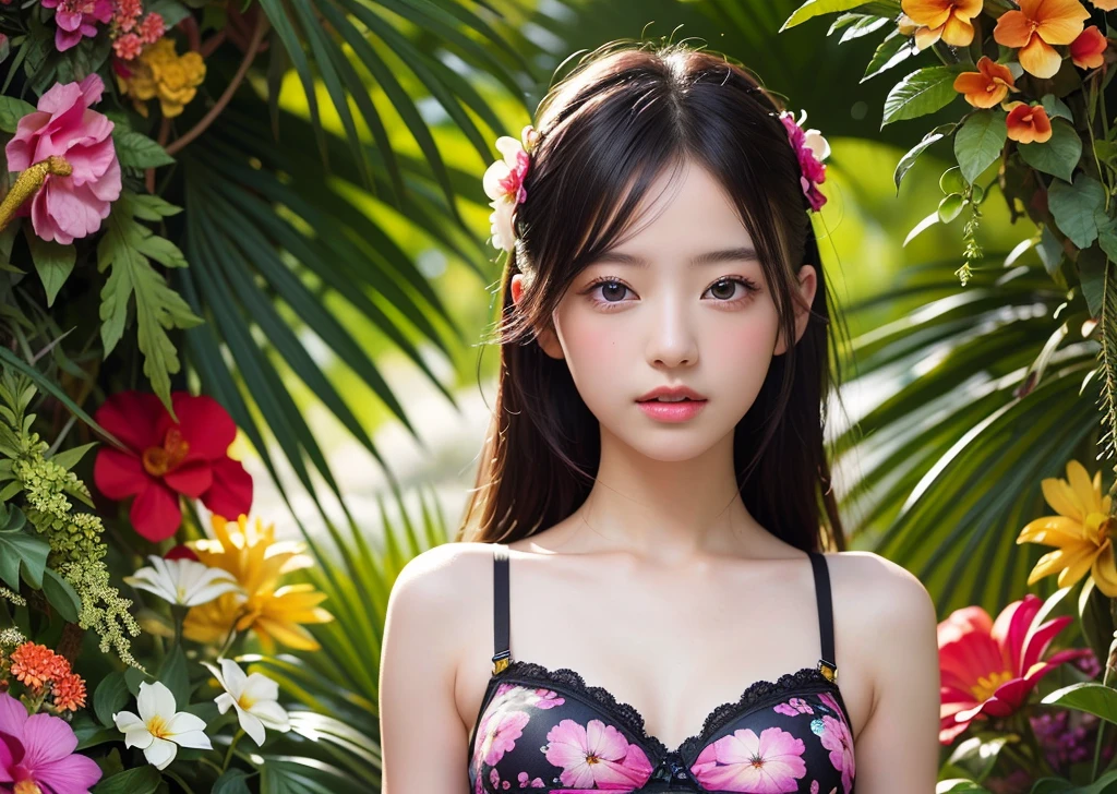 (masterpiece, Highest quality, Highest quality, Official Art, beautifully、beautiful:1.2), (1 Girl), Very detailed,(Fractal Art:1.3),Colorful tube top bra、Most detailed, Background with fractals and details of various flowers and tropical flowers and butterflies、Psychedelic Concept