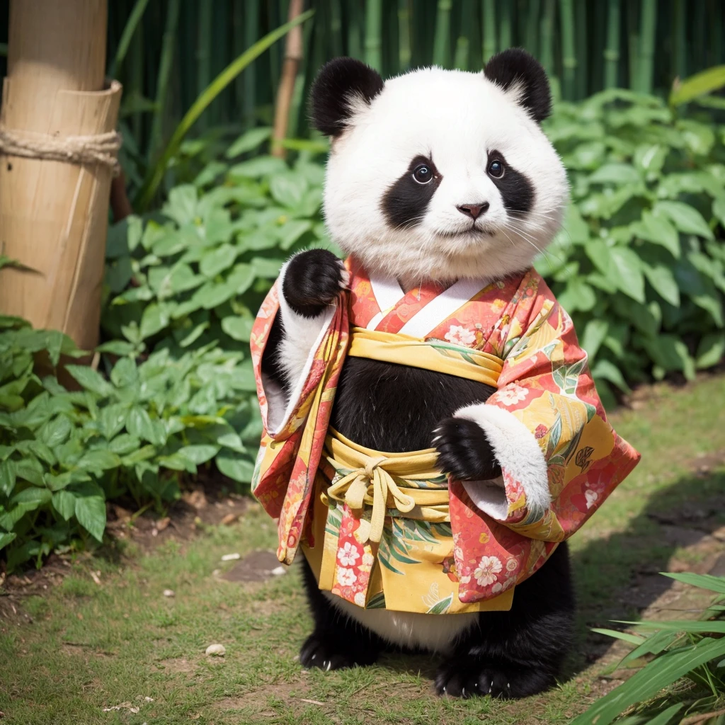 Create a cute and original "yuru-chara" mascot character. The character should be a small, round cat with big, sparkling eyes and a gentle smile. The panda is wearing a tiny, colorful kimono with floral patterns. Its ears and cheeks are slightly rosy, giving it an adorable and friendly appearance. The cat has a small bamboo shoot in one paw. The overall theme is traditional Japanese, and the character exudes a warm, welcoming personality. The background should be simple, focusing on the panda.