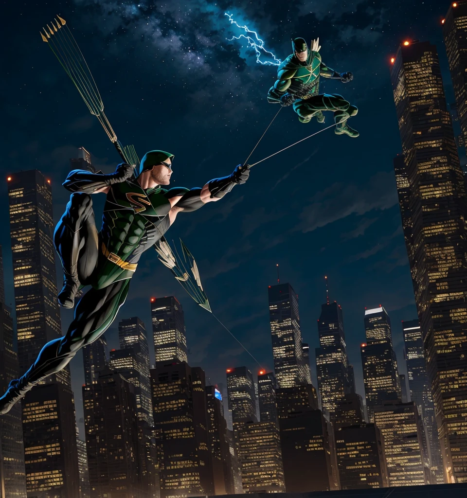 Arrow (DC comics superhero) fighting Hawkeye (Marvel coMics superhero)), on roof top of a skyscraper, a city of skyscraper in background [[depth of field]] [[hyperdetailed city background]], night time, lights in the city, [[hyperdetailed body outlines]] [[hyperdetailed costumes]], loaded bows in hand, quivers, hyperdetailed movie matching costume and faces, electric winds, night sky