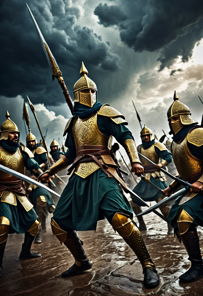 a epic battle between the small Islamic army and a large opposing army, highly detailed warriors, detailed weapons, intense combat, stormy clouds, dramatic lighting, golden armors, fearsome expressions, cinematic composition, dark fantasy art, dramatic colors